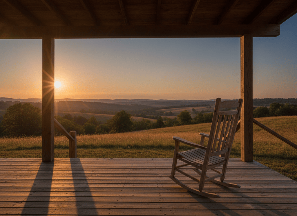 Quiet wooden porch at dusk with soft golden light over distant hills