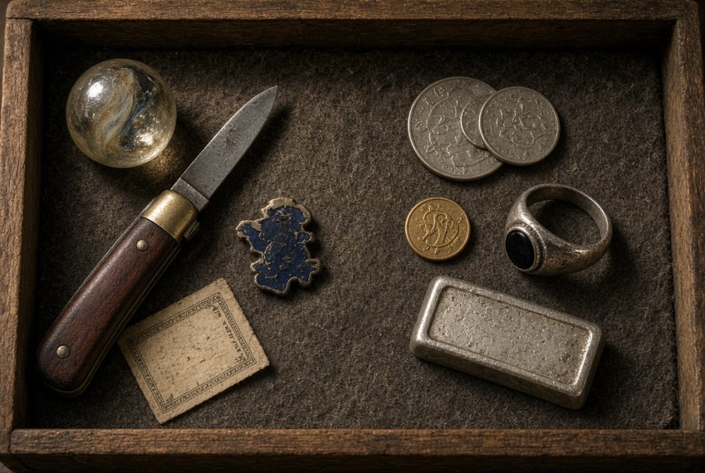 Keepsakes in a wooden tray: a marble, pocket knife, pin, ticket stub, coins, a ring and a silver bar