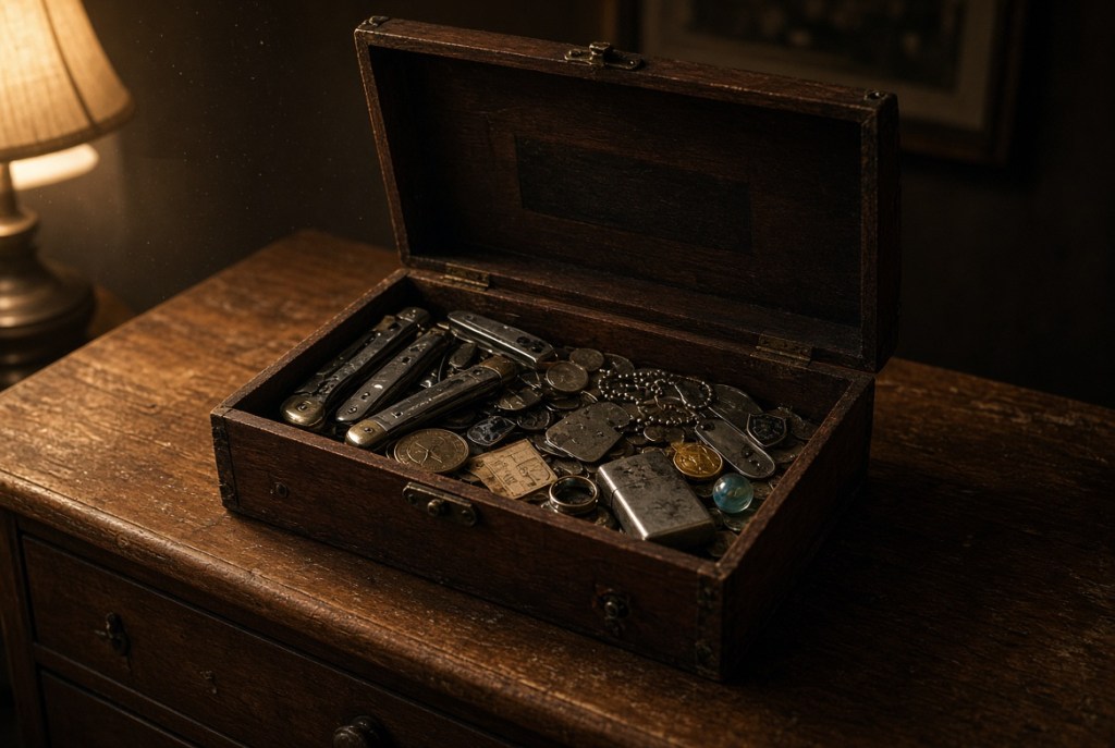 Open wooden keepsake box on an old dresser, filled with pocket knives, coins, dog tags and a lighter in warm lamplight
