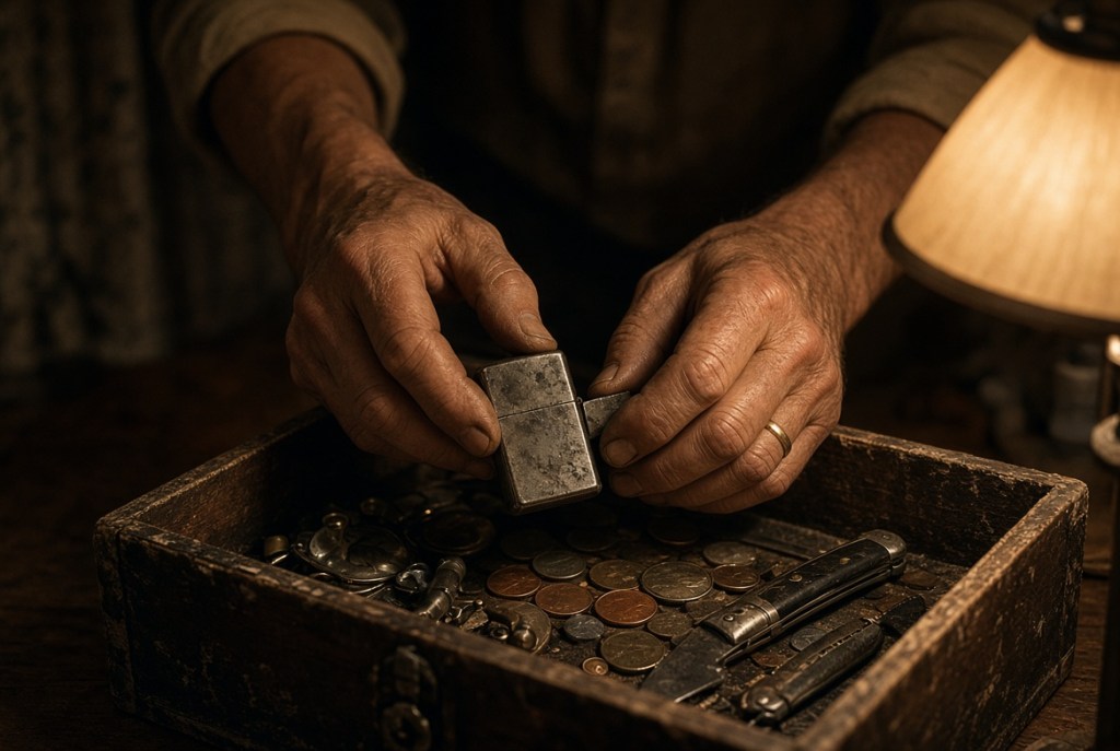 Weathered hands turning over a lighter above a wooden box of coins and pocket knives