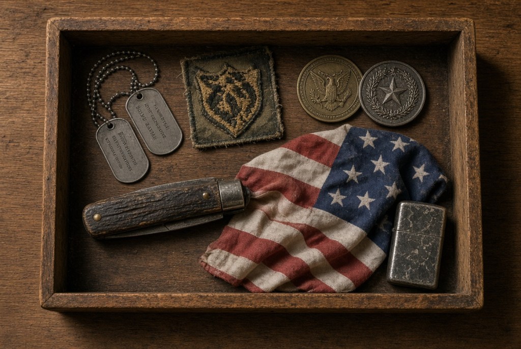 Military keepsakes in a wooden tray: dog tags, a unit patch, challenge coins, a pocket knife, a folded flag and a lighter