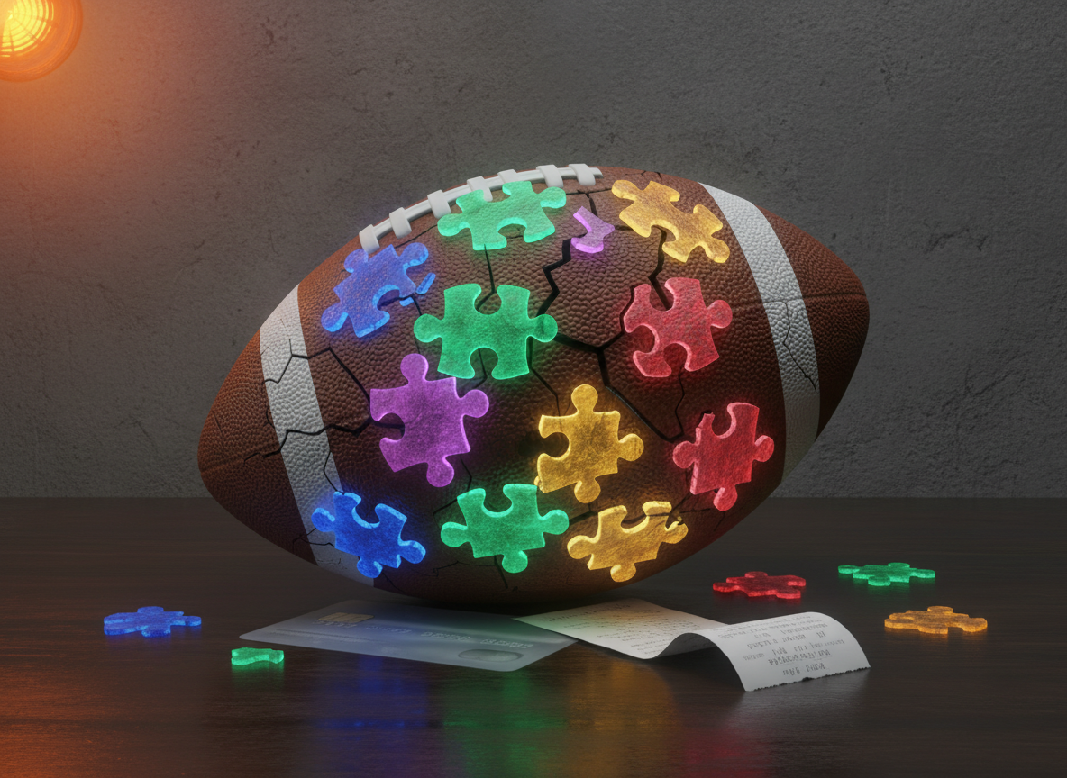 Football cracked into colorful puzzle pieces with a credit card silhouette