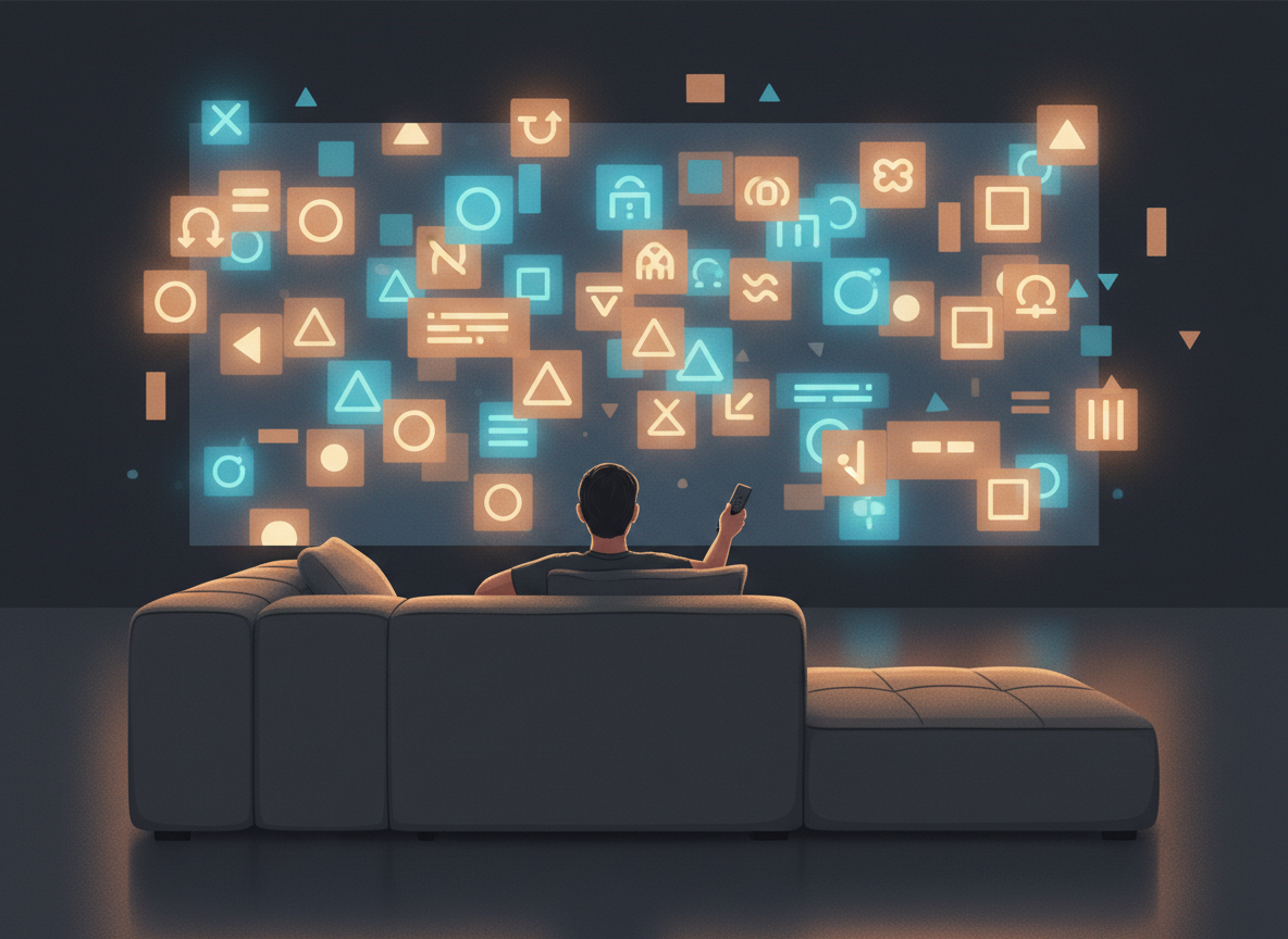 Viewer on a couch facing a wall of glowing streaming app windows