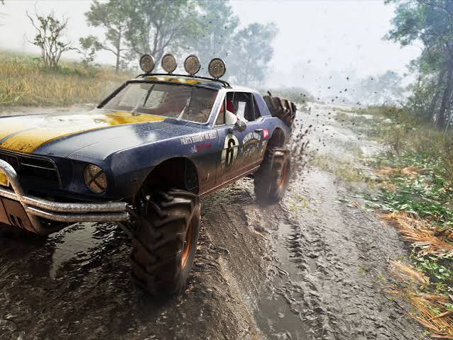 Lifted blue and yellow off-road muscle car splashing through a muddy trail in Grand Theft Auto VI