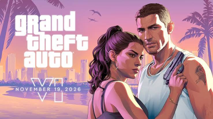 Grand Theft Auto VI key art of Lucia and Jason in front of a pink Vice City skyline with palm trees and the November 19, 2026 release date