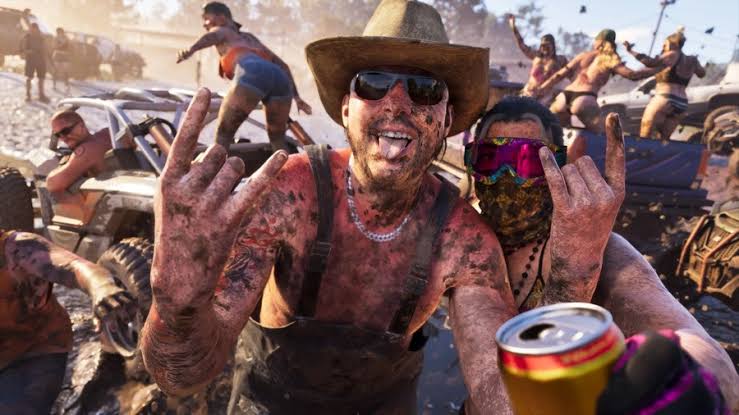 Mud-covered partygoers in cowboy hats and sunglasses at an off-road truck party in Grand Theft Auto VI