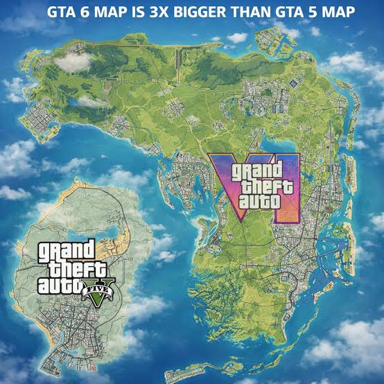 Map comparison showing the Grand Theft Auto VI state of Leonida beside the smaller Grand Theft Auto V map